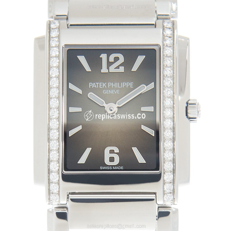 Patek Philippe TWENTY-4 Quartz - Diamond-Case Black Dial - Silver Steel Strap - Clasp - Luxury Replica TWENTY-4 Watch