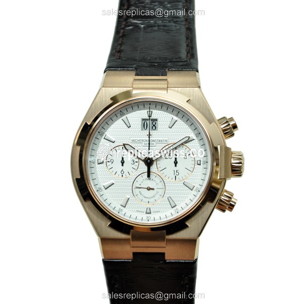 Vacheron Constantin Replica - Overseas Auto - 18kt Rose Gold - Silver Dial - Black Alligator Strap
