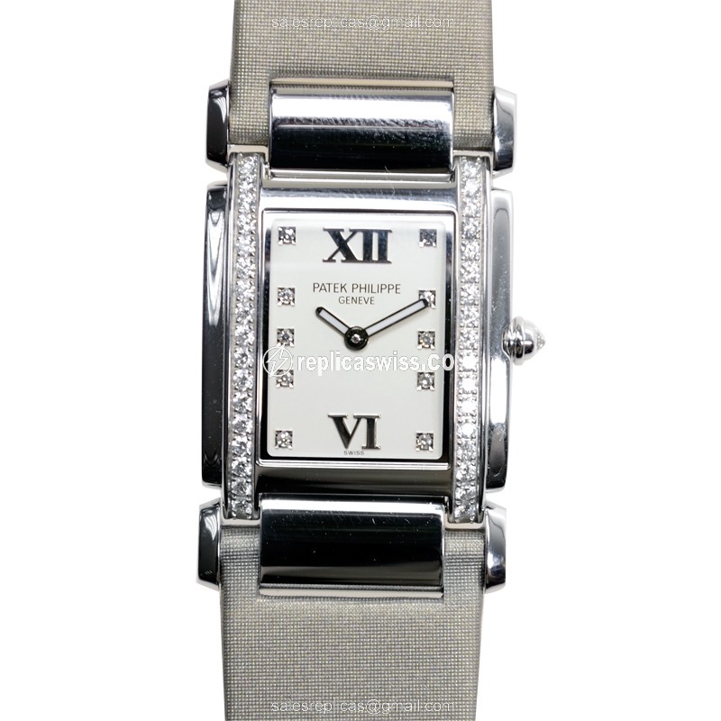 Patek Philippe TWENTY-4 Quartz - 18kt White Gold - Diamond Dial - Grey Satin Strap - Luxury Replica TWENTY-4 Watch