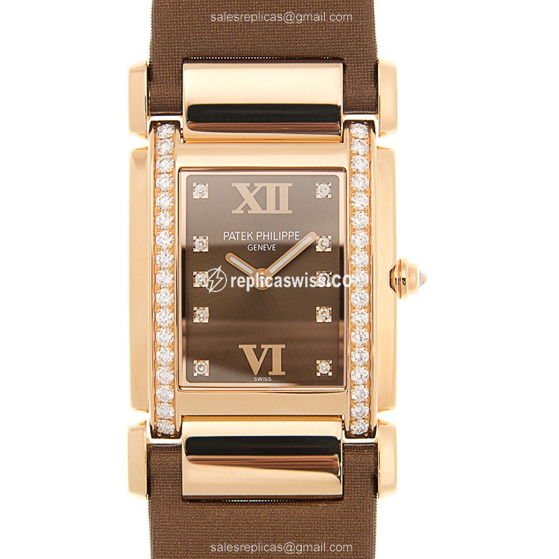 Patek Philippe TWENTY-4 Quartz 18kt Rose Gold - Brown Dial, Buckle Clasp, Silk Brown Strap - Luxury Replica TWENTY-4 Watch