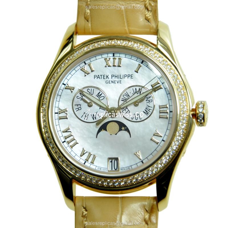 Patek Philippe 4936J-001 Replica - Auto - 18kt Gold - Diamond White Dial - Brown Alligator Buckle