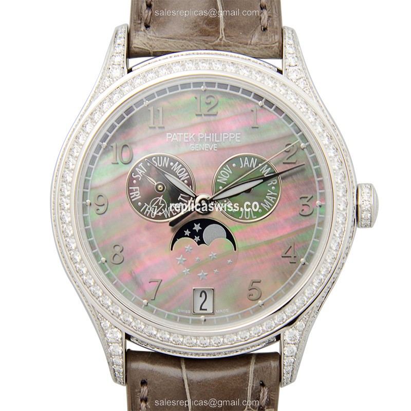 Patek Philippe 4948G-001 Replica - Automatic - 18kt White Gold - Diamond - Black Dial - Brown Alligator Strap