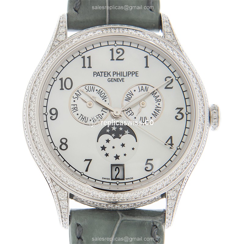 Patek Philippe 4948G-010 Replica - Auto - 18kt White Gold - Diamond Dial - Grey Alligator Strap