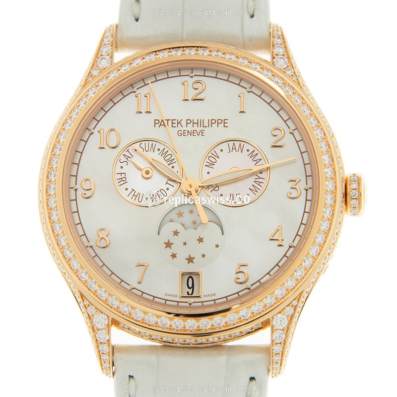 Patek Philippe 4948R-001 Replica - Automatic - 18kt Rose Gold - Diamond Case - White Dial & Alligator Strap