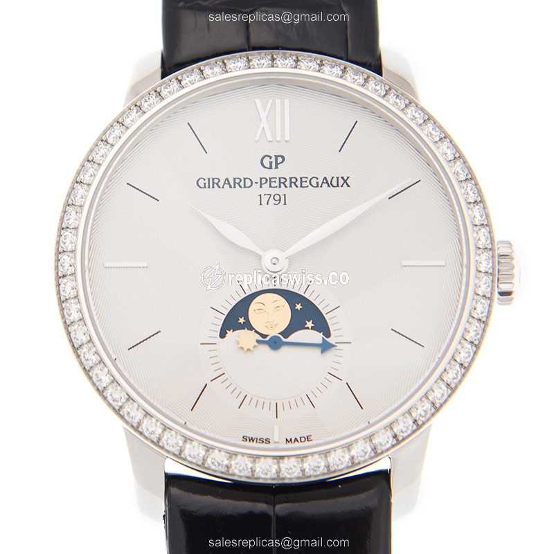 Girard Perregaux 1966 Replica - Automatic - Diamond Case - Silver Dial - Black Alligator Strap - Luxury Replica GIRARD-PERREGAUX 1966 Watch