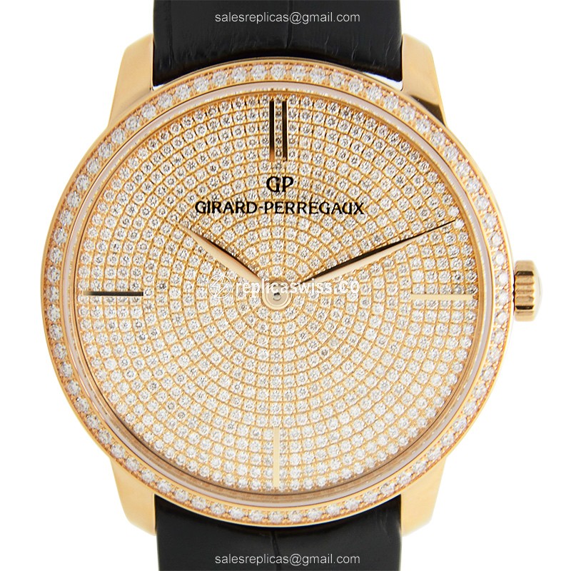 Girard Perregaux 1966 Replica - Automatic - 18kt Rose Gold - Diamond Case - Gold Dial - Black Alligator Strap - Luxury Replica GIRARD-PERREGAUX 1966 Watch