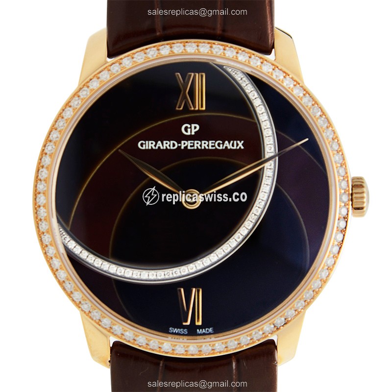 Girard Perregaux 1966 Replica - Automatic - 18kt Rose Gold - Diamonds - Brown Dial & Alligator Strap
