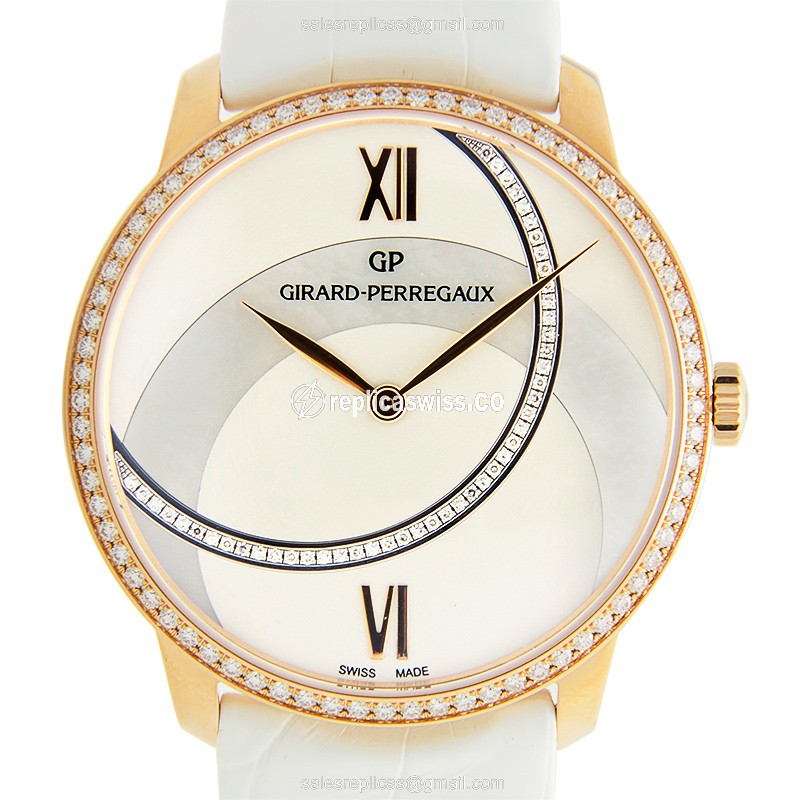 Girard-Perregaux 1966 Replica - Automatic - 18kt Rose Gold - Diamonds - White Dial - Alligator White Buckle