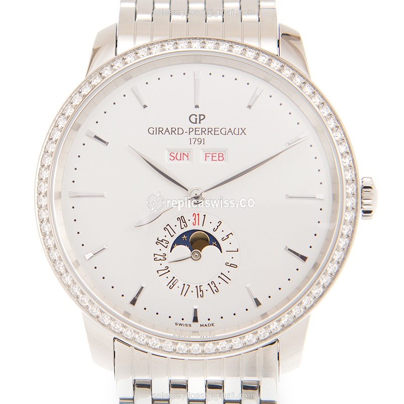 Girard Perregaux 1966 Replica - Automatic - Diamond Case - White Dial - Silver Steel Strap - Luxury Replica GIRARD-PERREGAUX 1966 Watch