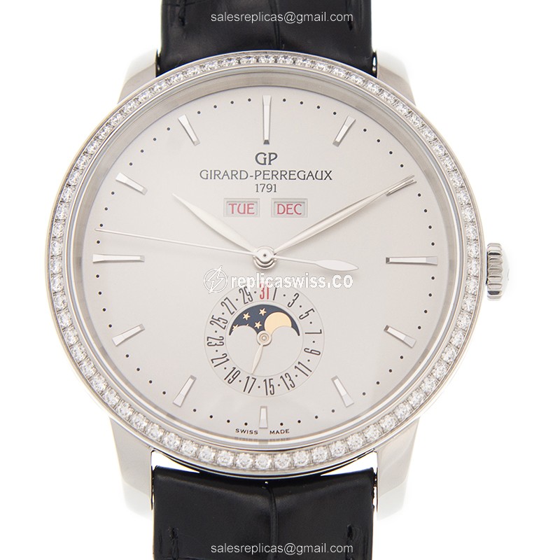 Girard Perregaux 1966 Replica - Automatic - White Dial - Diamonds - Stainless Steel Case - Black Alligator Strap