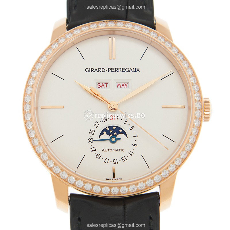 Girard Perregaux 49535-D52 1966 Replica - Automatic 18kt Rose Gold - Diamond White Dial Black Buckle Alligator