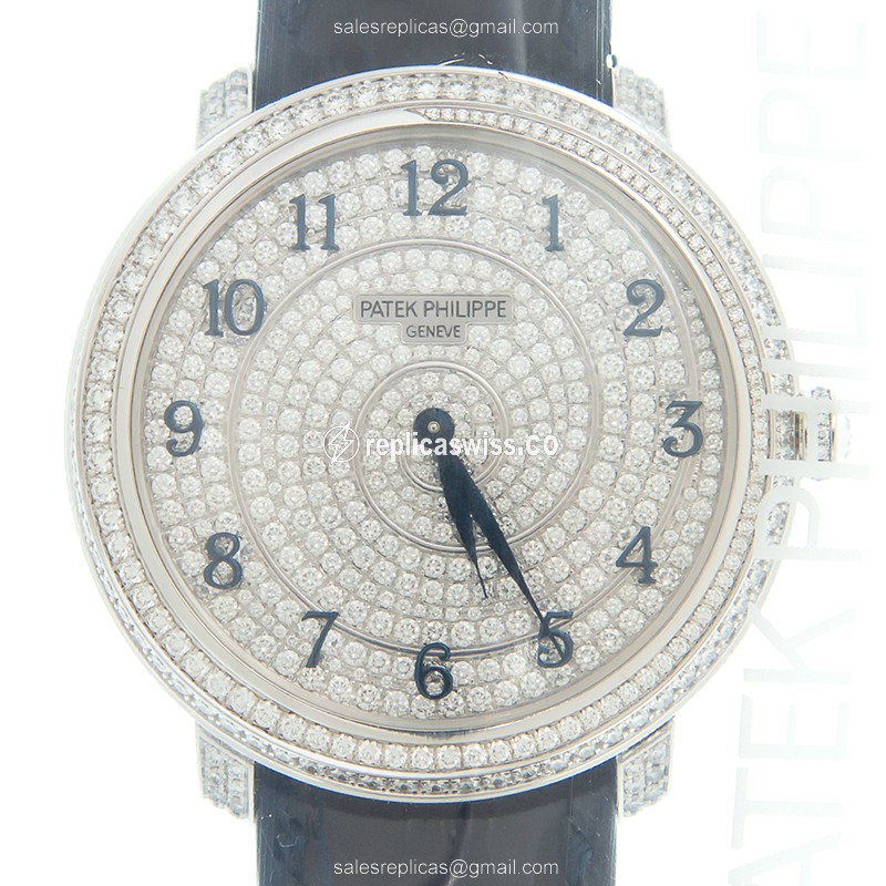 Patek Philippe 4978/400G-001 Replica - Automatic - 18kt White Gold - Diamond - Silver Dial - Blue Alligator Strap - Luxury Replica CALATRAVA Watch