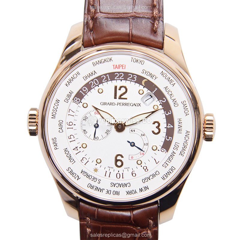 Girard Perregaux 49850-52-584SBAEA - Automatic - 18kt Rose Gold - White Dial - Brown Leather Strap - Luxury Girard Perregaux Watch