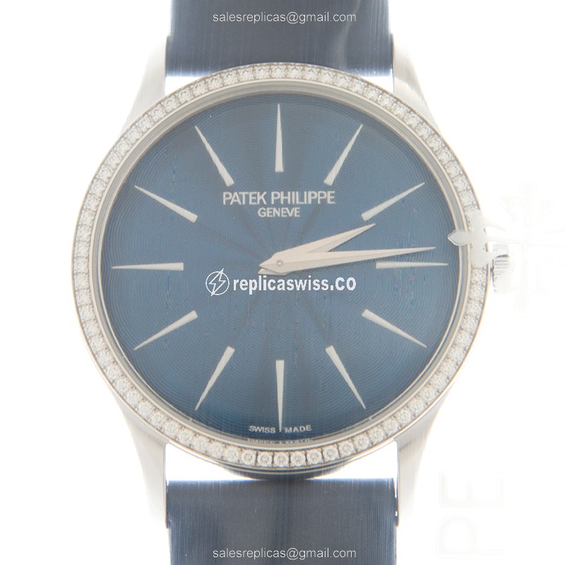 Patek Philippe 4997/200G-001 Replica - Automatic - 18kt White Gold - Blue Dial - Diamond - Leather Strap - Luxury Replica CALATRAVA Watch