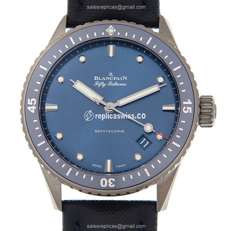 Blancpain 5000-0240-O52A Replica - Automatic - Ceramic - Blue Dial - Blue Canvas Strap - Luxury Replica FIFTY FATHOMS Watch