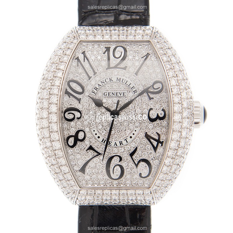 Franck Muller 5000H SC D3 CD OG Ladies - Quartz - 18kt White Gold - Diamond - Black Dial, Leather Strap - Luxury Replica LADIES COLLECTION Watch