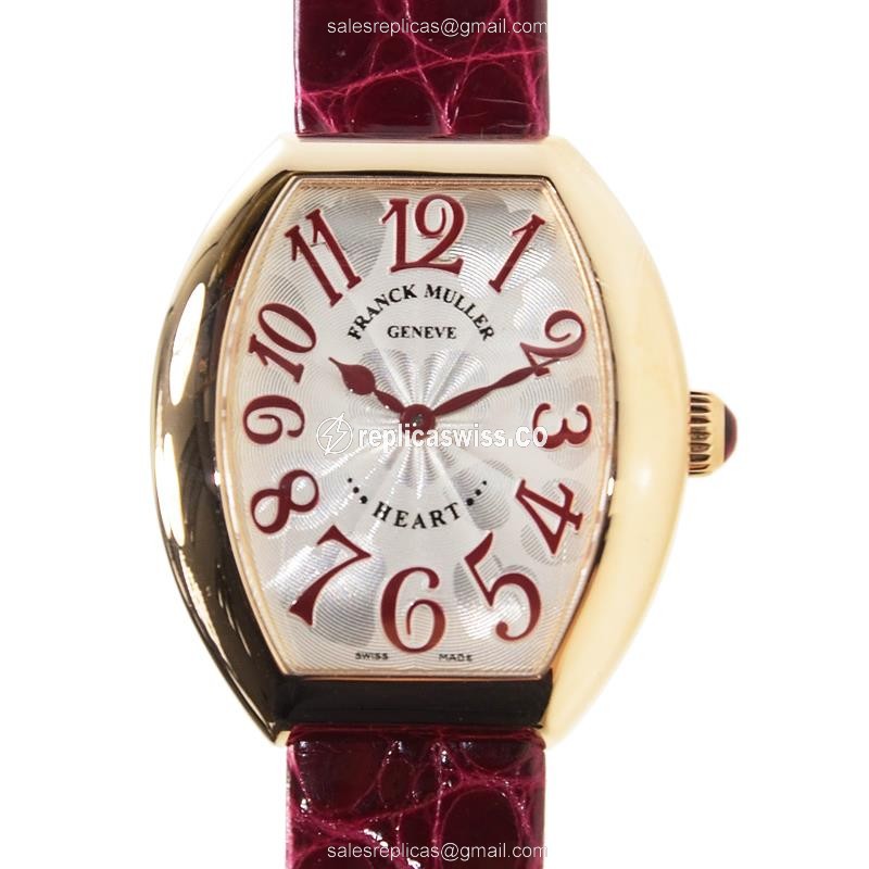 Franck Muller 5002 L QZ HEART Quartz - 18kt Rose Gold Case - Silver Dial - Red Leather Strap - Buckle Clasp - Luxury Replica HEART Watch