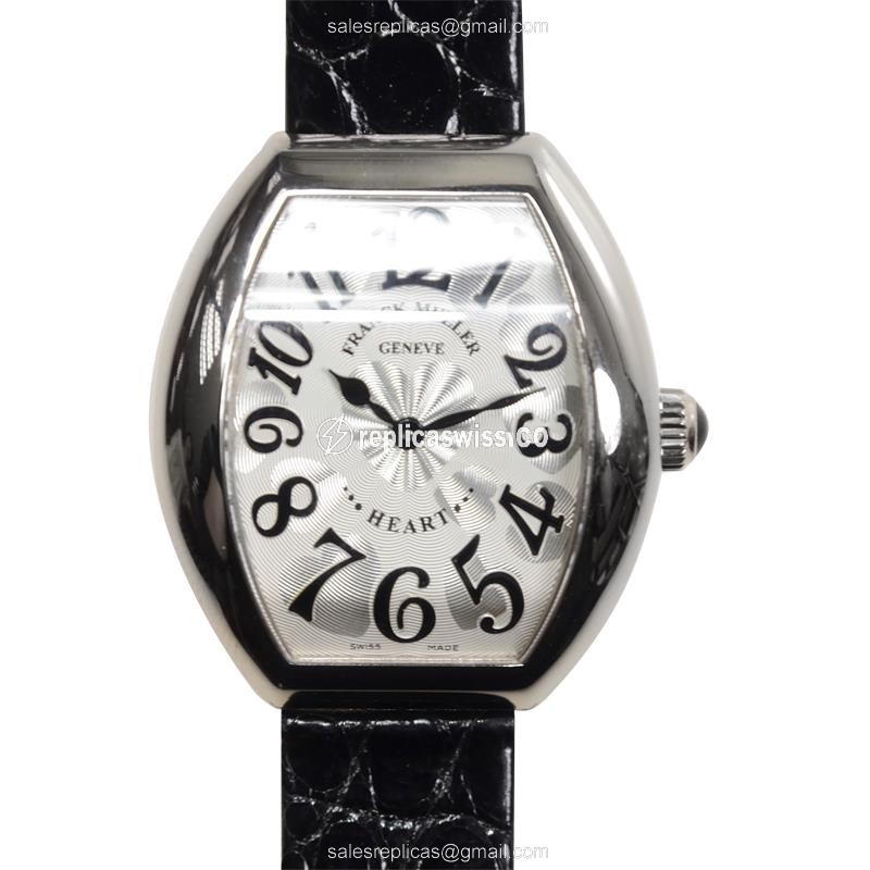 Franck Muller 5002 L QZ HEART - Quartz - 18kt White Gold - Silver Dial - Leather Black Strap - Luxury Replica HEART Watch
