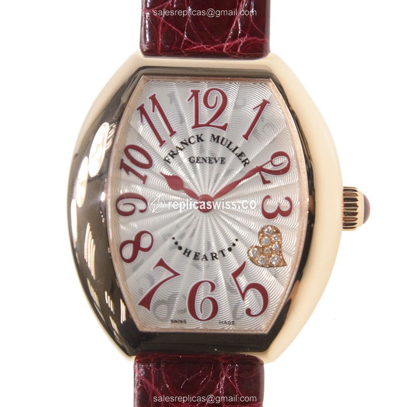 Franck Muller 5002 L QZ C4 CD 5N HEART Quartz - 18kt Rose Gold Case, Silver Dial on Red Leather Strap - Luxury Replica HEART Watch