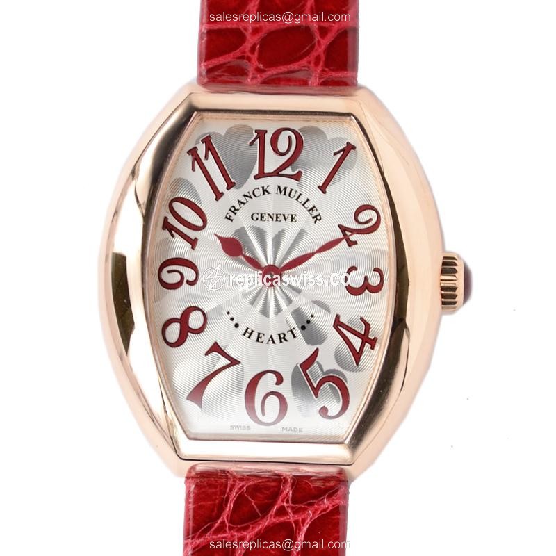 Franck Muller 5002 M QZ HEART Quartz 18kt Rose Gold - Silver Dial - Alligator Red Strap - Buckle Clasp - Luxury Replica HEART Watch