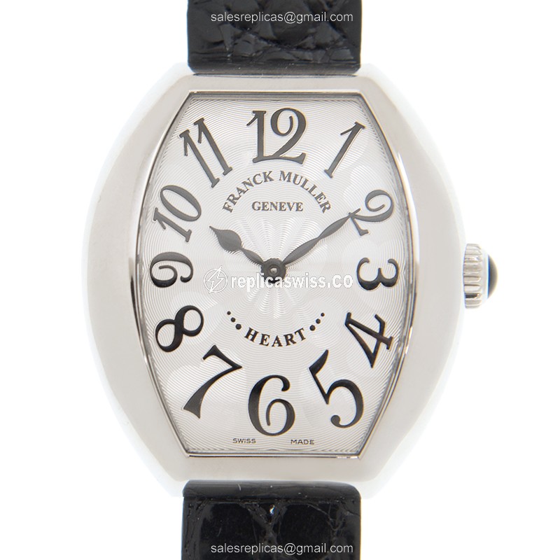 Franck Muller 5002 M QZ Black Heart Quartz - Steel Case, Silver Dial, Leather Black Strap - Buckle Clasp - Luxury Replica HEART Watch