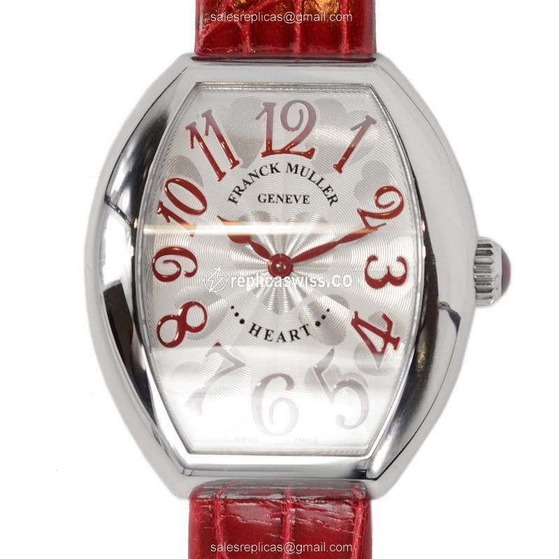 Franck Muller 5002 M QZ Replica - Quartz - Silver Dial - Red Alligator Strap - Luxury Replica HEART Watch