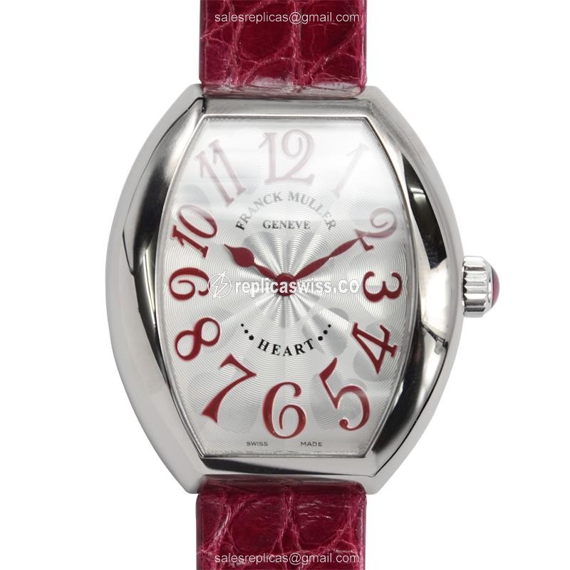 Franck Muller 5002M QZ Replica - Quartz - 18kt White Gold - Silver Dial - Red Alligator Buckle - Luxury Replica HEART Watch