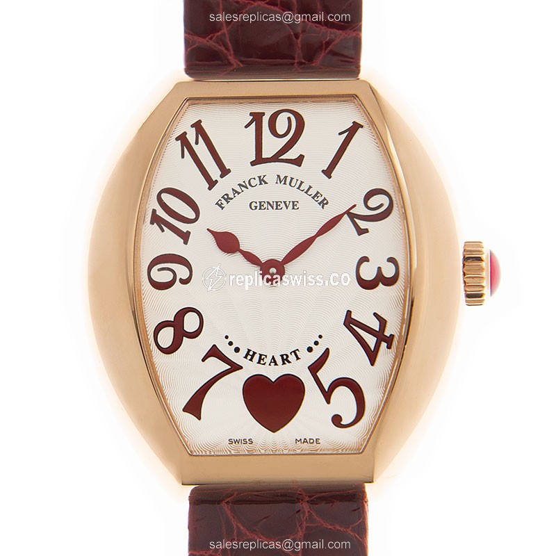 Franck Muller 5002 M QZ C 6H 5N-RED STRAP HEART Quartz 18kt Rose Gold Replica | Heart Movement | White Dial | Buckle Clasp - Luxury Replica HEART Watch