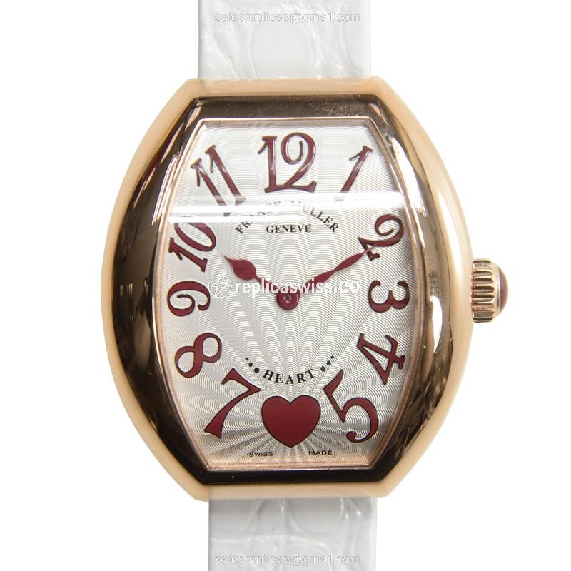 Franck Muller 5002 M QZ C 6H HEART Quartz 18kt Rose Gold - Silver Dial - Buckle Clasp - White Alligator Strap - Luxury Replica HEART Watch