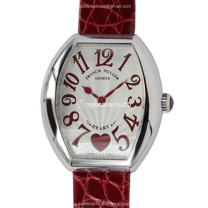 Franck Muller 5002 M QZ C 6H HEART - Quartz - 18kt White Gold - Silver Dial - Red Alligator Buckle - Luxury Replica HEART Watch