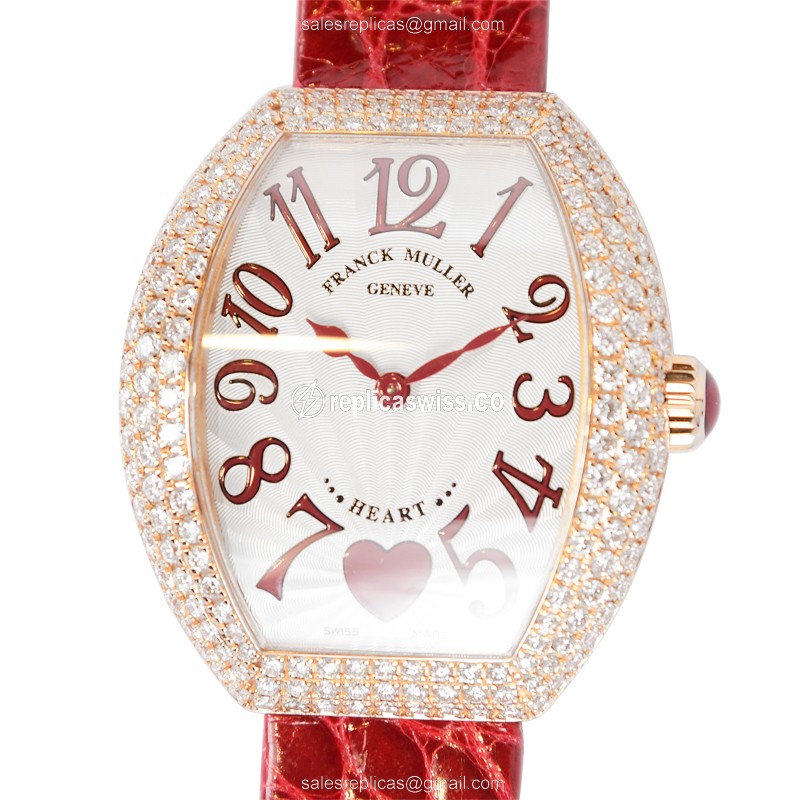 Franck Muller 5002M QZ C6H D3 Replica - Quartz - Rose Gold Case - Diamonds - Silver Dial - Red Alligator Strap - Luxury Replica HEART Watch