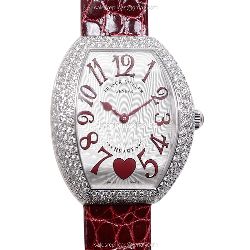 Franck Muller 5002 M QZ C 6H D3 Replica - Quartz - 18kt White Gold - Diamond - Silver Dial - Red Alligator Buckle - Luxury Replica HEART Watch