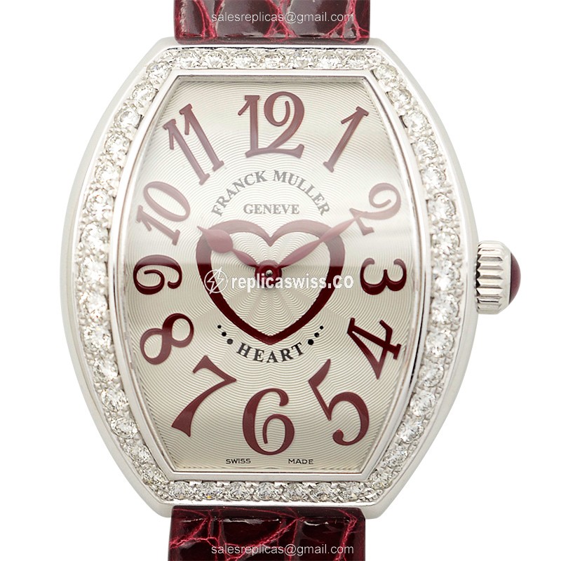 Franck Muller 5002 M QZ C D 1R HEART - Quartz - Diamond Case - Silver Dial - Red Alligator Buckle - Luxury Replica HEART Watch