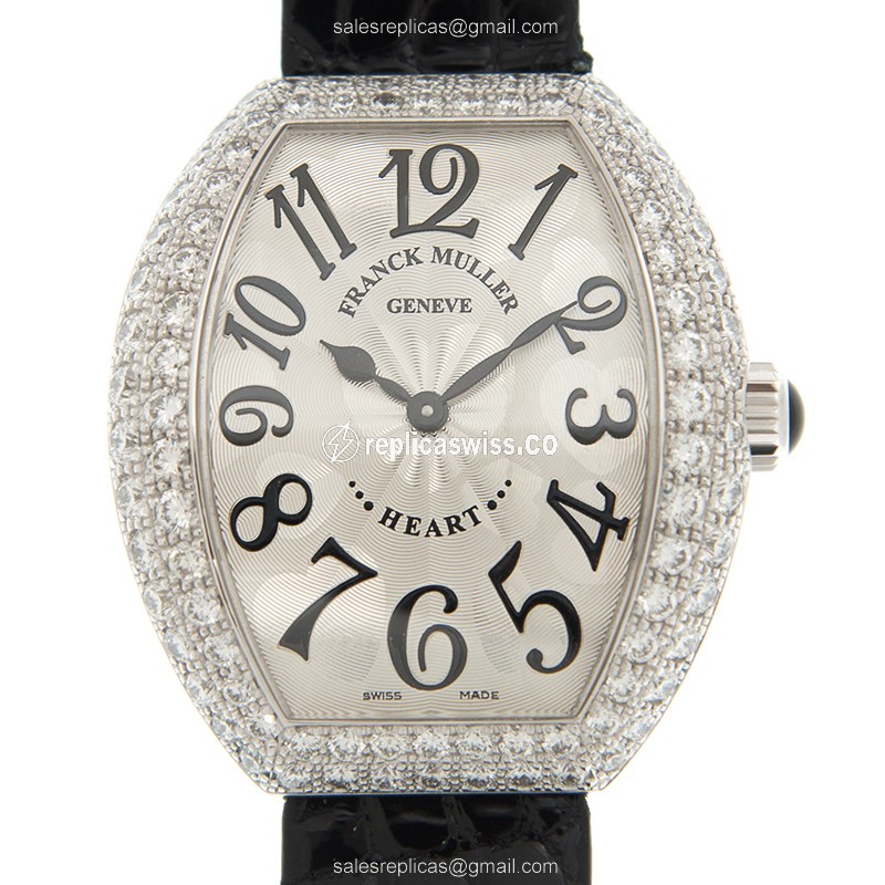 Franck Muller 5002 M QZ D2 HEART - Quartz - 18kt White Gold - Diamond Dial - Buckle Clasp, Black Leather Strap - Luxury Replica HEART Watch