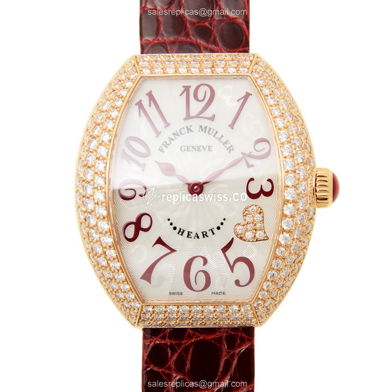Franck Muller 5002 M QZ D C4 CD HEART - Quartz - 18kt Rose Gold - Diamonds Silver Dial, Red Leather Buckle - Luxury Replica HEART Watch
