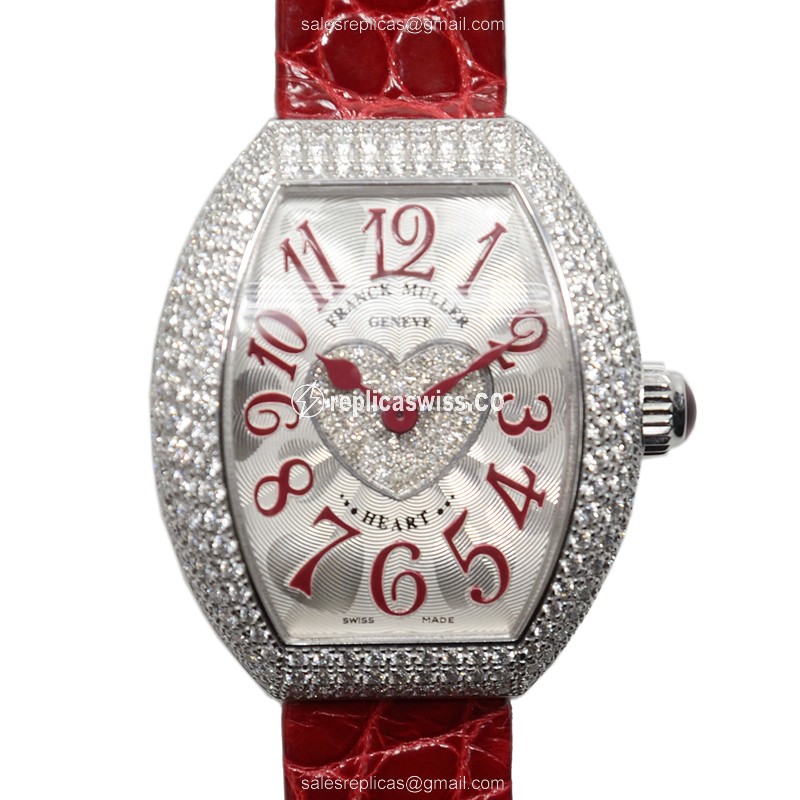 Franck Muller 5002 S QZ D3 1P HEART - Quartz - 18kt White Gold - Diamond - Silver Dial - Red Alligator Buckle - Luxury Replica HEART Watch