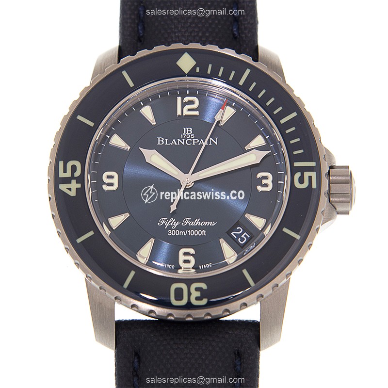 Blancpain 5015-12B40-52A Replica - Automatic - Titanium Case - Blue Dial - Leather Strap