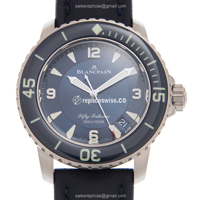 Blancpain 5015-12B40-O52A 50 Fathoms Auto PVD Titanium Blue Dial Leather Strap Blue Clasp