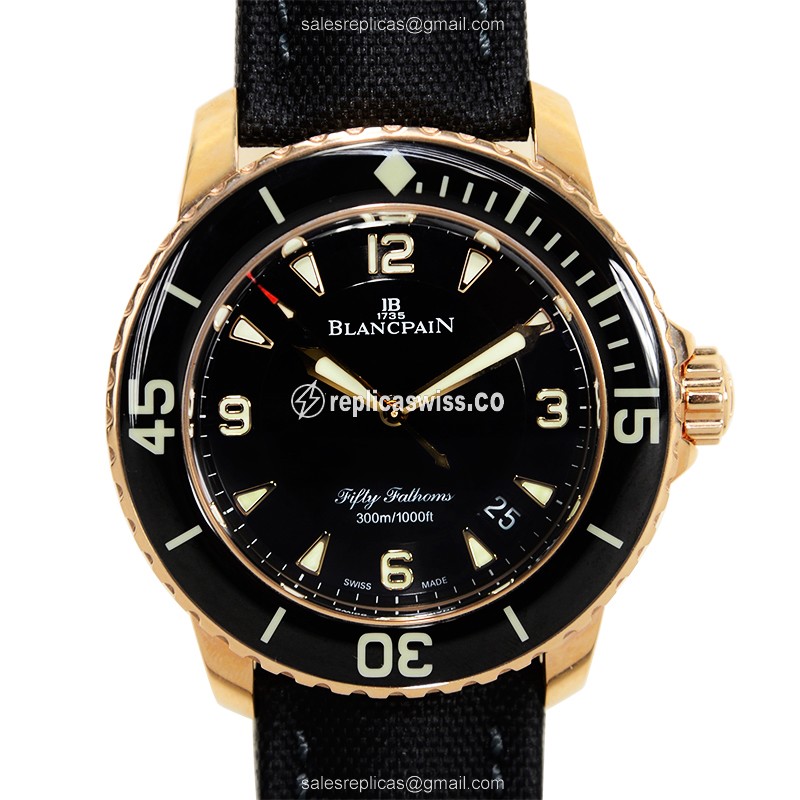Blancpain 5015-3630-52 FIFTY FATHOMS - Auto 18kt Rose Gold - Black Dial - Canvas Black Buckle