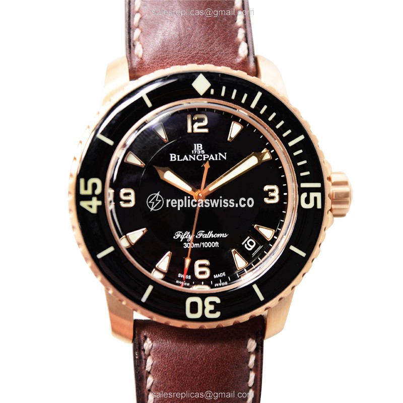 Blancpain 5015A-3630-63B Replica - Automatic - 18kt Rose Gold - Black Dial - Leather Strap