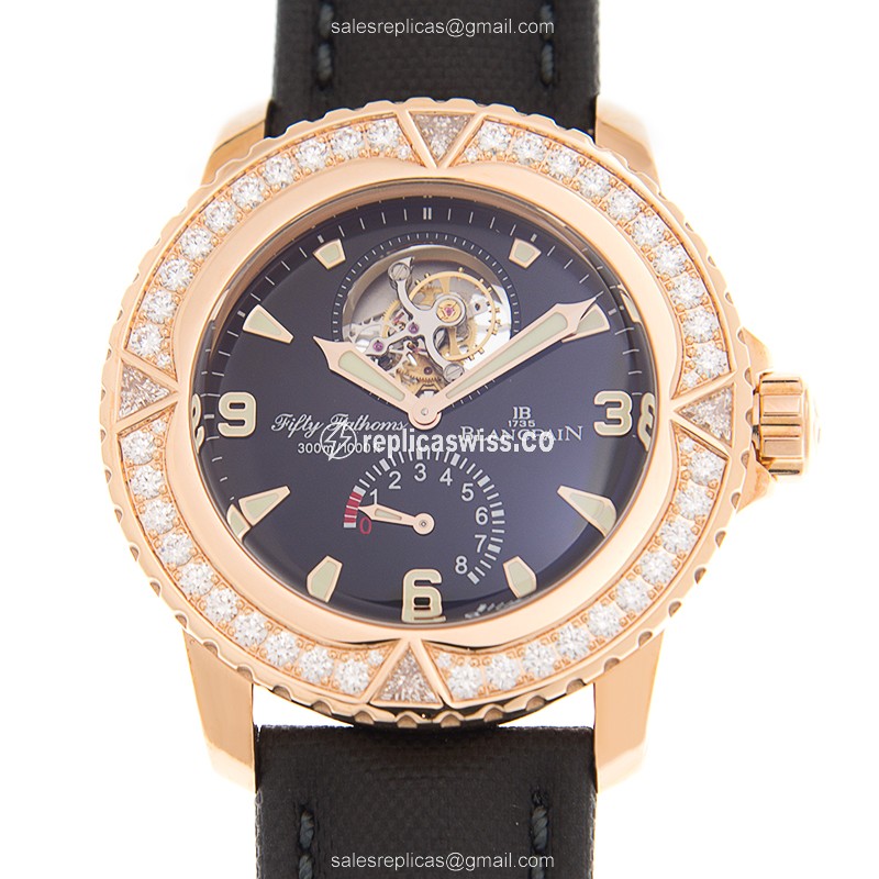 Blancpain 5025-9530-52A FIFTY FATHOMS - Auto - 18kt Rose Gold - Diamond Case - Black Dial - Leather Strap