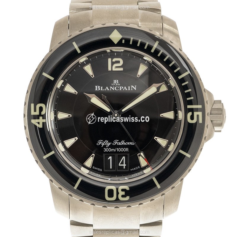 Blancpain 5050-12B30-98 FIFTY FATHOMS - Auto Titanium Case - Black Dial - Silver Strap