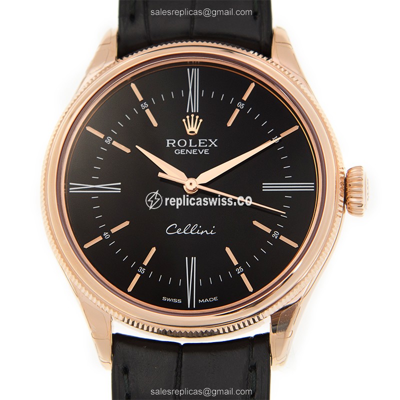 Rolex 50505 Cellini Series Replica - Automatic - 18kt Rose Gold - Black Dial - Alligator Black Clasp - Luxury Replica CELLINI SERIES Watch
