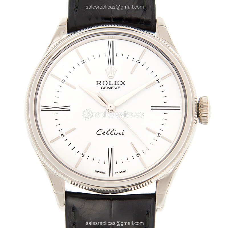 Rolex 50509 Cellini Series Replica - Auto - 18kt White Gold - White Dial - Black Leather Strap - Luxury Replica CELLINI SERIES Watch
