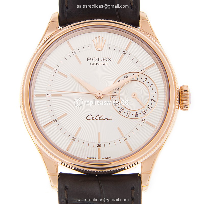 Rolex Cellini Replica - Automatic - 18kt Rose Gold Case - White Dial, Leather Strap - Luxury Replica CELLINI SERIES Watch
