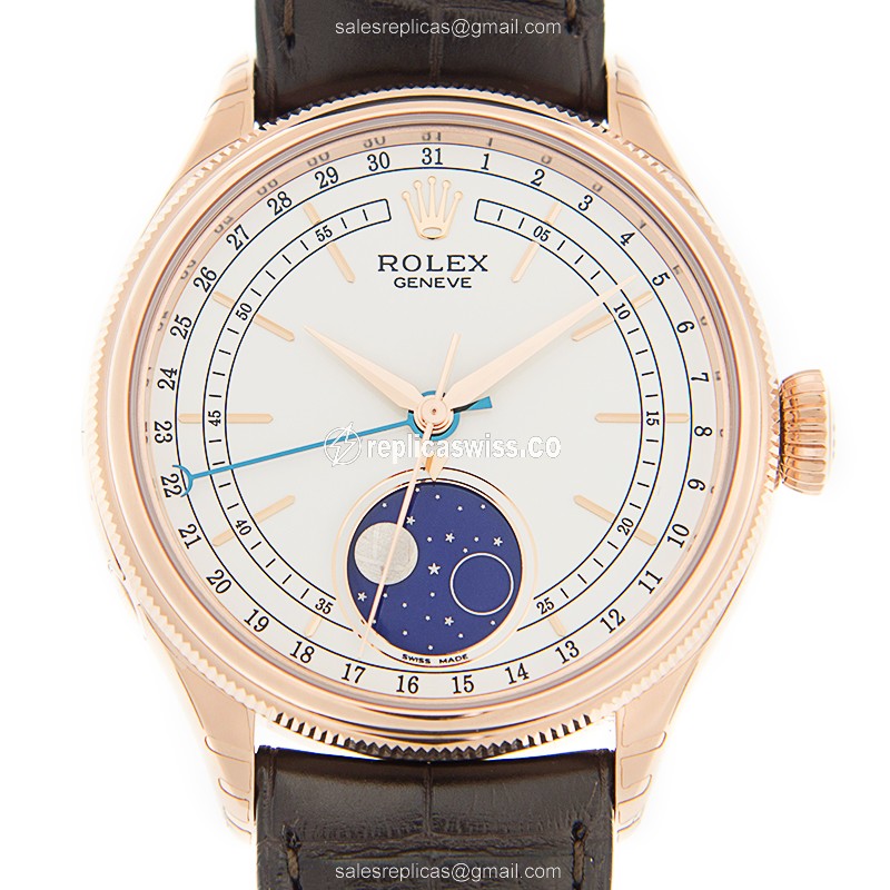 Rolex Cellini Replica - Automatic - 18kt Rose Gold Case - White Dial - Brown Alligator Strap