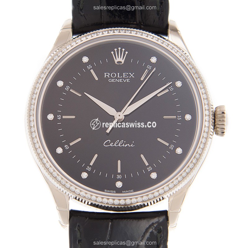 Rolex Cellini Replica - Automatic - 18kt White Gold - Diamond - Black Dial - Leather Strap - Luxury Replica CELLINI SERIES Watch
