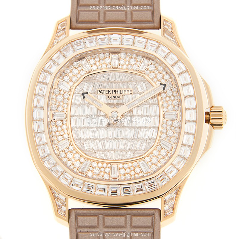 Patek Philippe AQUANAUT Replica - Auto - 18kt Rose Gold - Diamond Dial - Brown Rubber Strap - Luxury Replica AQUANAUT Watch