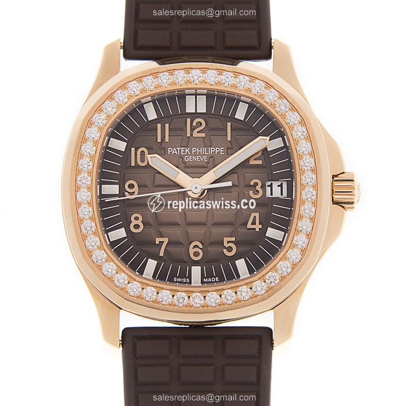 Patek Philippe 5068R-001 AQUANAUT Replica - Automatic - 18kt Rose Gold - Diamond Bezel - Gray Dial - Black Rubber Strap