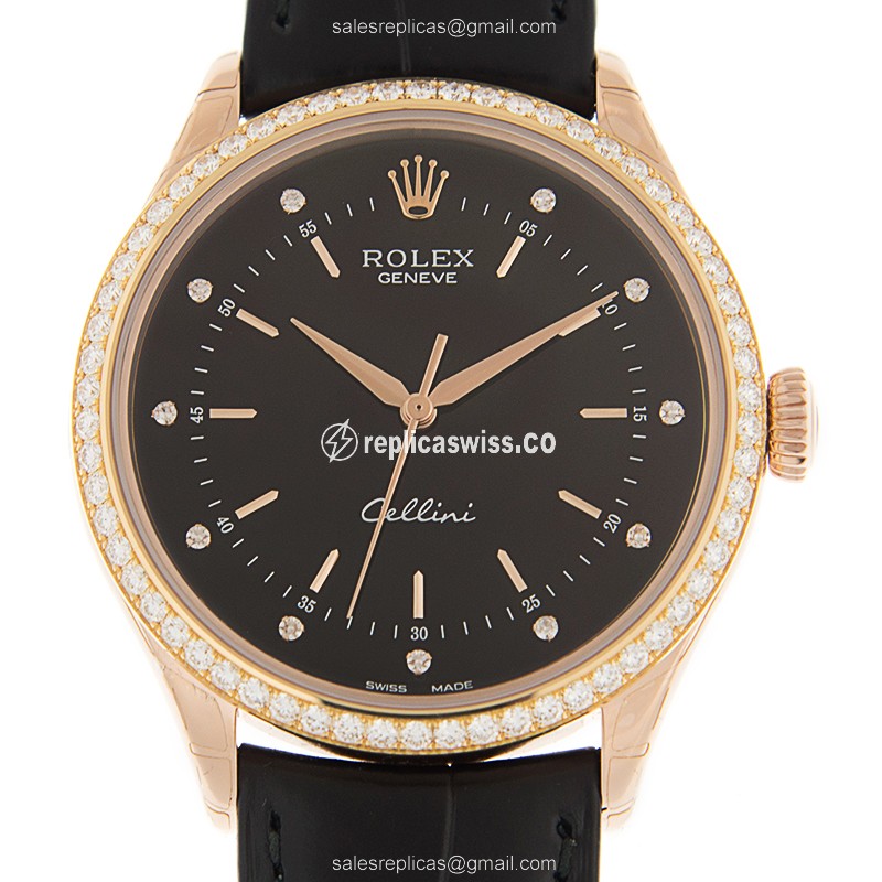 Rolex Cellini Replica - Automatic - 18kt Rose Gold - Black Dial on Black Alligator Strap